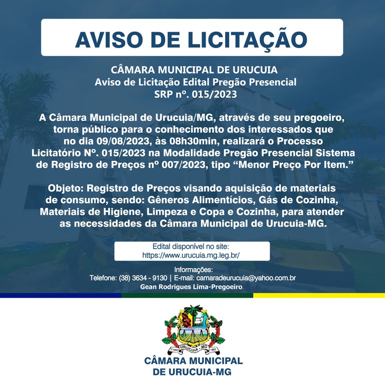 Aviso De LicitaÇÃo Edital PregÃo Presencial Srp Nº 0072023 — Câmara Municipal 1748