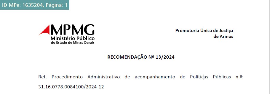 Recomendação do Ministério Público - Processo Administrativo nº 31.16.0778.0084100/2024-12