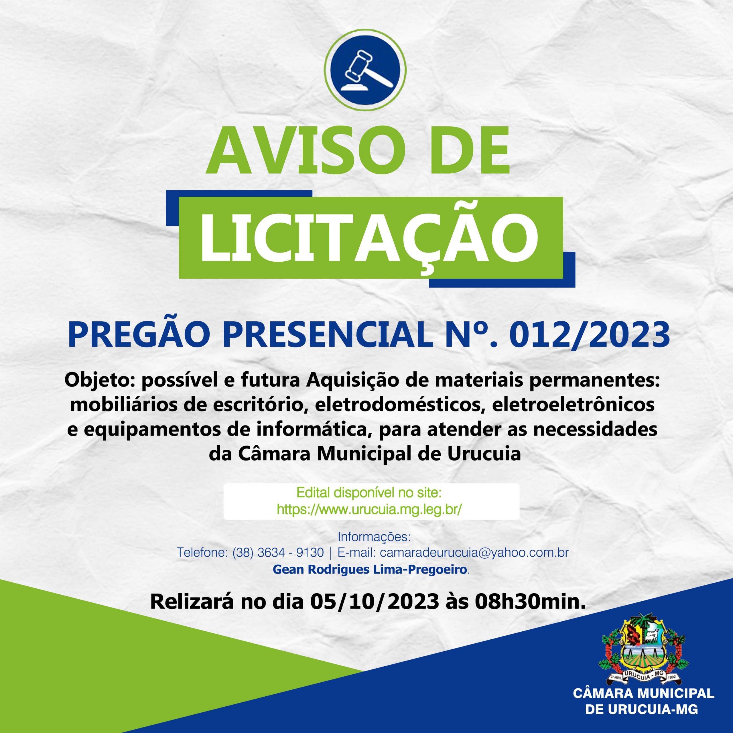 AVISO DE LICITAÇÃO PREGÃO PRESENCIAL SISTEMA REGISTRO DE PREÇOS nº 012/2023, tipo “Menor Preço Por Item”